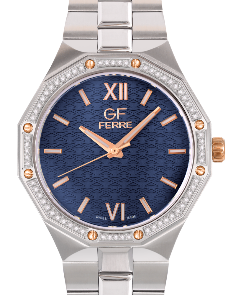 ساعة الماس رجالية صناعة سويسرية ماركة جي اف فضي مينا فضي موديل GFSRGPL25375G