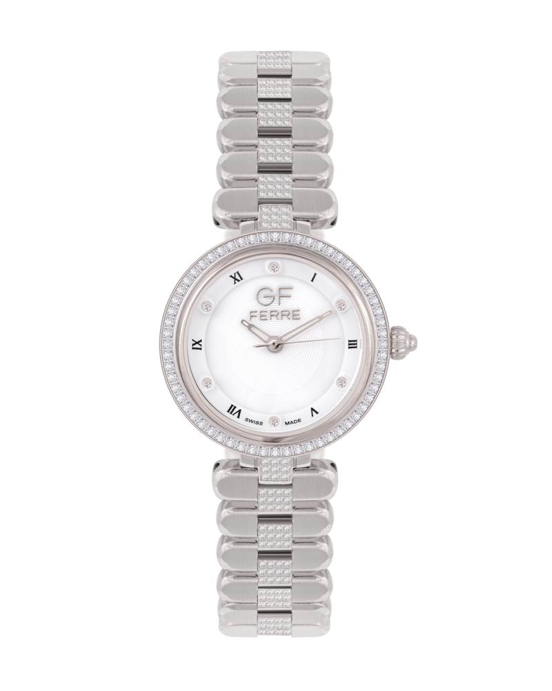 ساعة الماس نسائية صناعة سويسرية ماركة جي اف فيرري فضي مينا ابيض موديل GF170039L