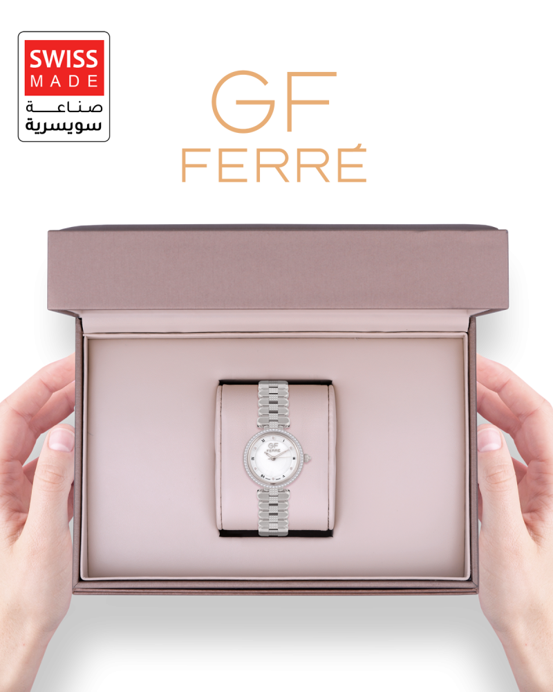 ساعة الماس نسائية صناعة سويسرية ماركة جي اف فيرري فضي مينا ابيض موديل GF170039L