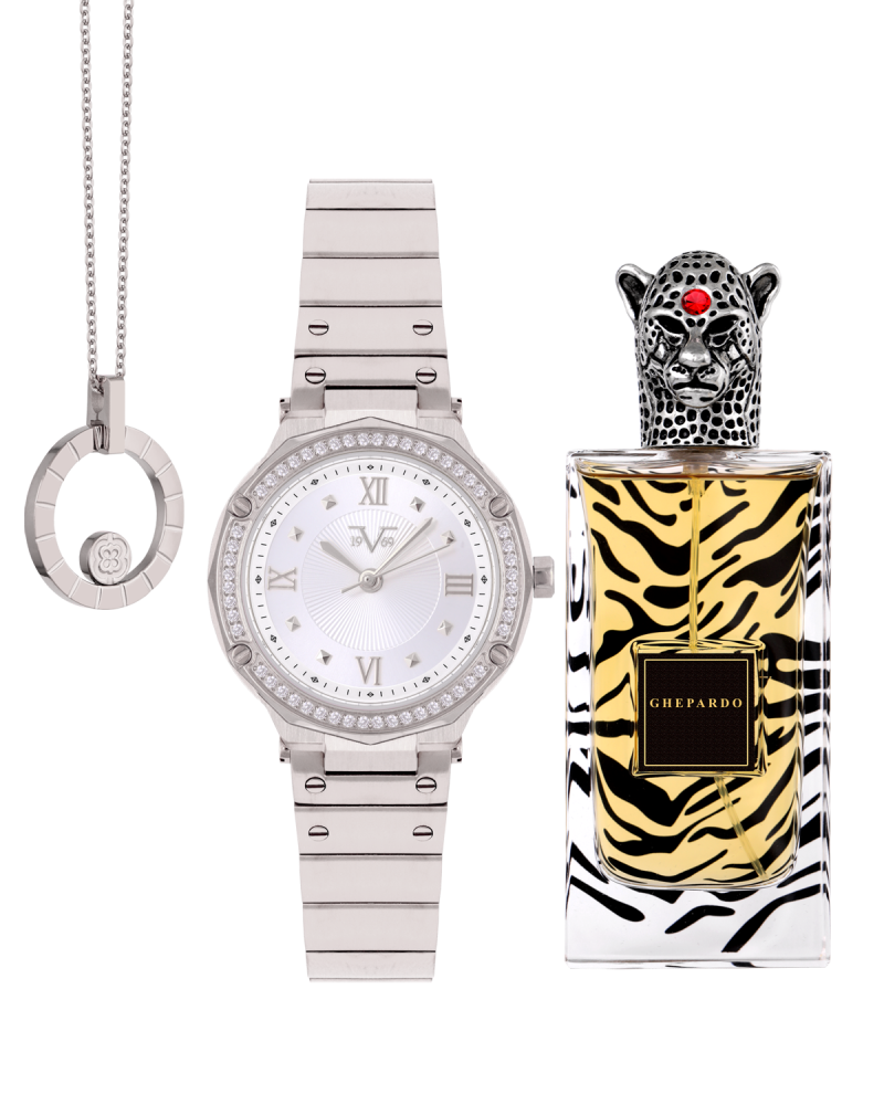 طقم يوم الأم ساعة ماركة V19.69 + عطر  جيبارو - كينج باتشولي+ تعليقة بنفيت