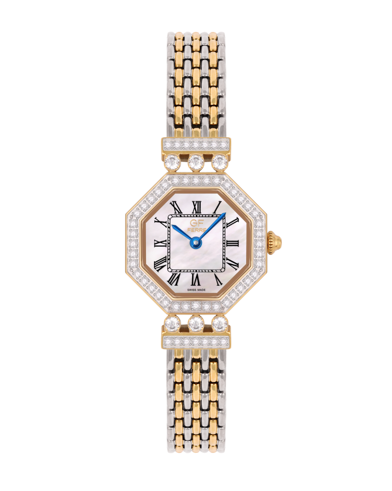 ساعة نسائية صناعة سويسرية ماركة جي اف فيرري فضي ذهبي مينا صدفي موديل GF170100L