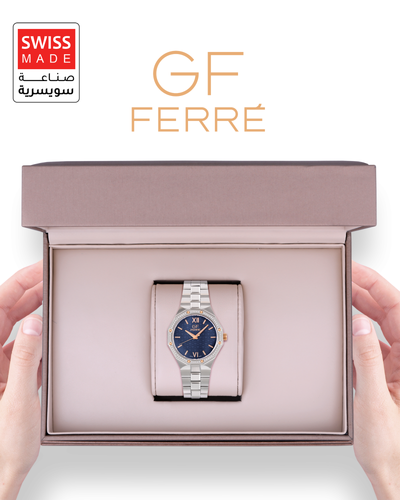 ساعة الماس رجالية صناعة سويسرية ماركة جي اف فضي مينا فضي موديل GFSRGPL25375G