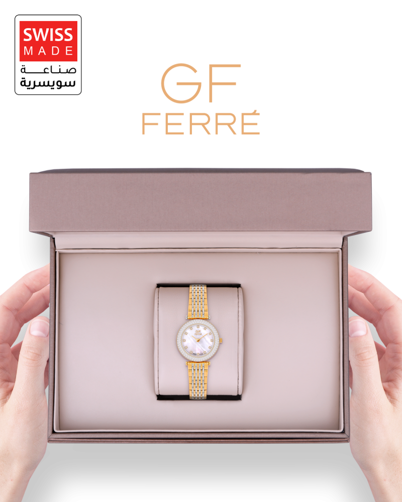 ساعة نسائية ماركة جي اف فيرري صناعة سويسرية فضي ذهبي مينا صدفي  GFGP74401.2.2.
