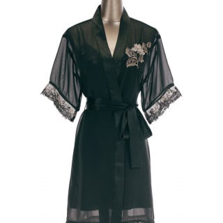 قميص نوم حرير مطرز مع معطف شيفون - أخضر
