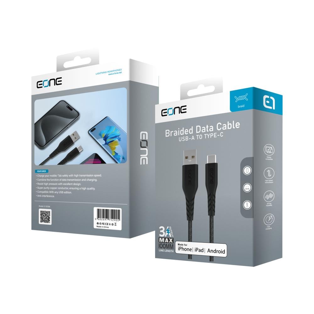 كيبل للشحن ونقل البيانات قماش من EONE من USB-A إلي USB-C طول 1.2 متر