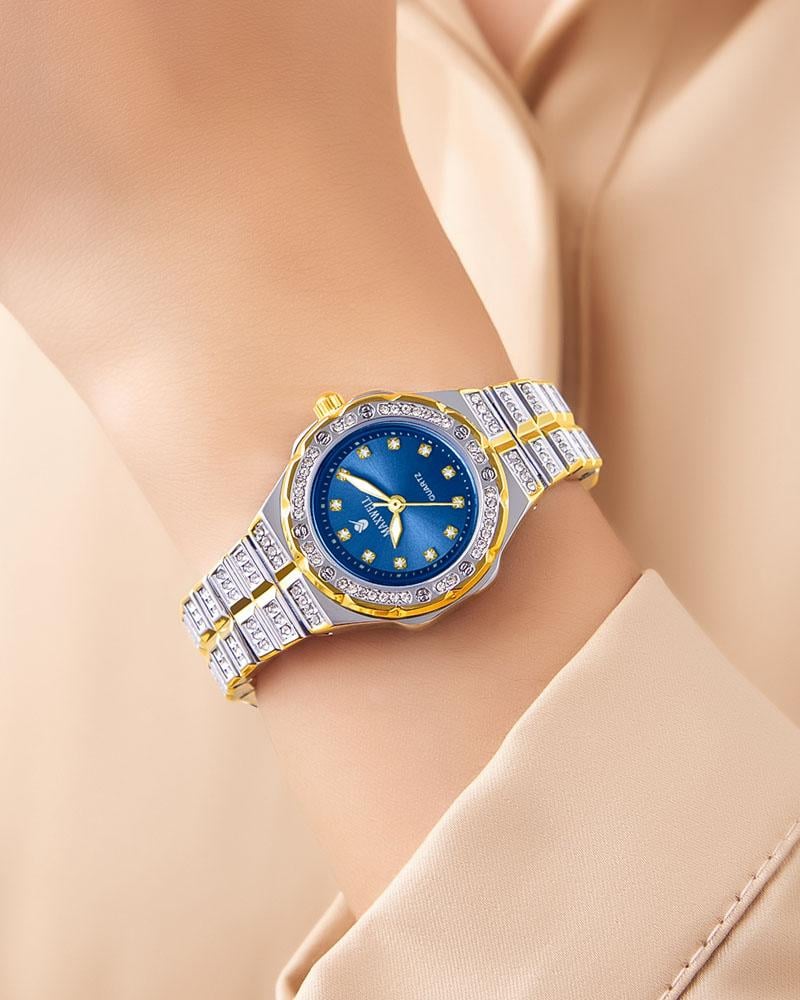 ساعة يد نسائية بإطار من الزركون اللامع مينا أزرق