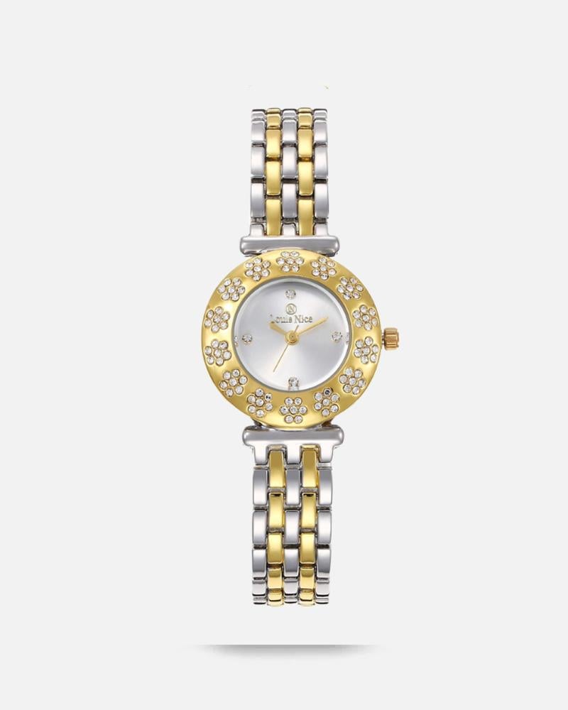 ساعة فاخرة للنساء تصميم متناسق لون فضي ذهبي