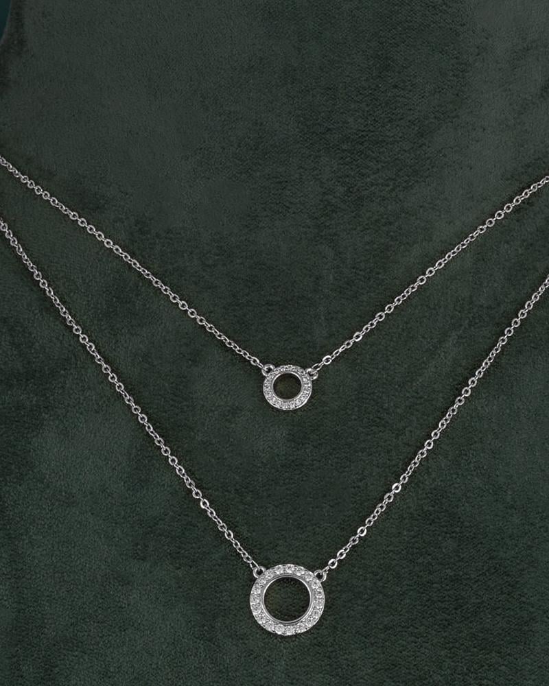 سلسال فضي زركون ناعم مزدوج بتعليقة دائرية مزخرفة