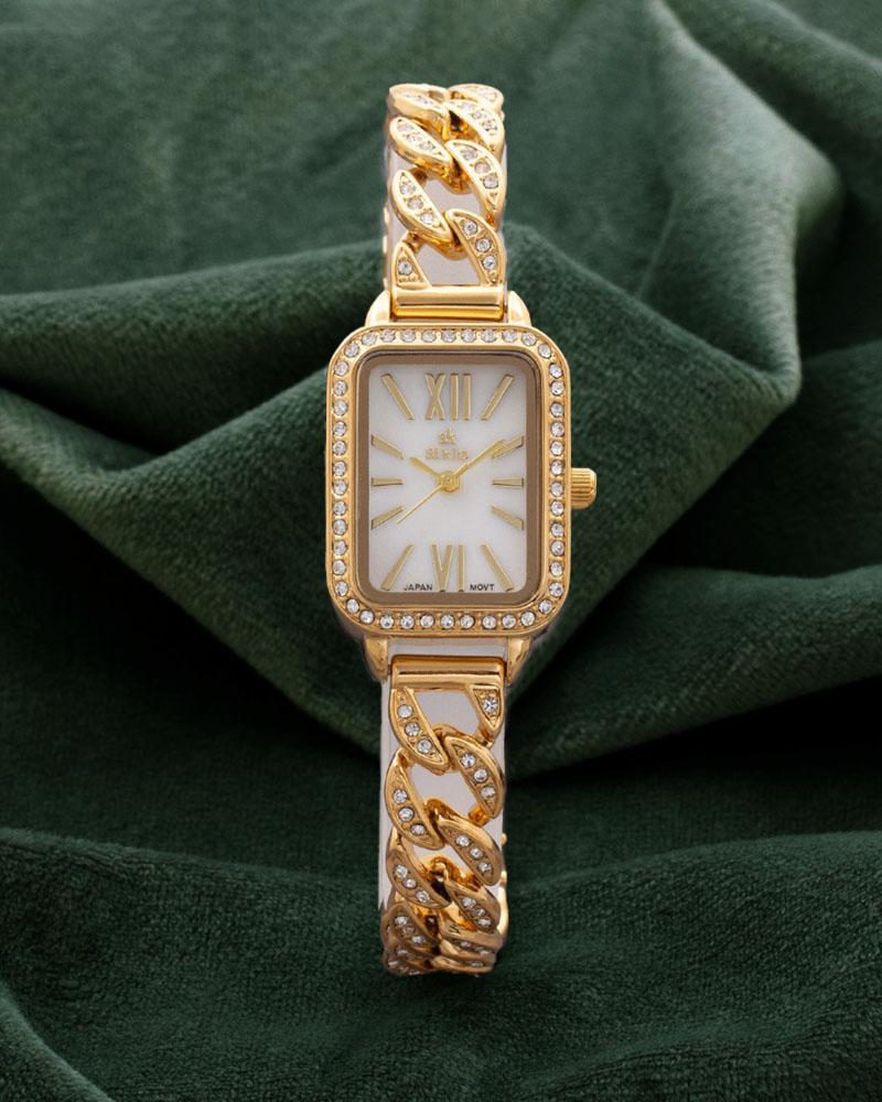 طقم مجوهرات بلمعة الذهب مع ساعة يد نسائية تصميم ذهبي