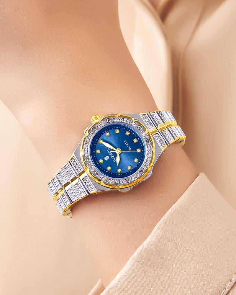 ساعة يد نسائية بإطار من الزركون اللامع مينا أزرق