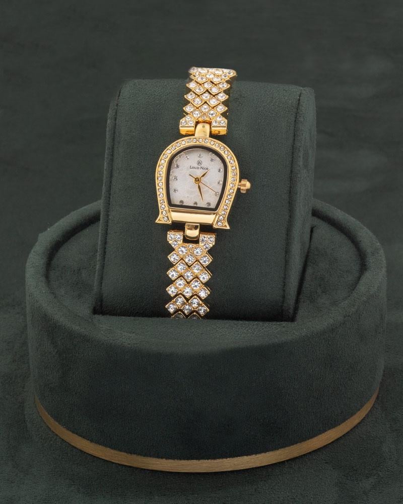 ساعة نسائية ستيل مزينة بالزركون بتصميم أنيق لون ذهبي