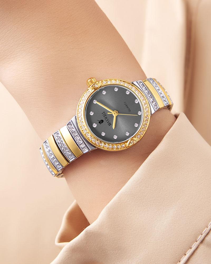 ساعة فخمة بإطار مزين بالزركون مينا رمادي