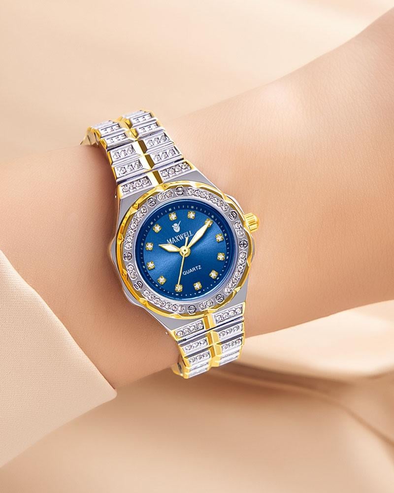 ساعة يد نسائية بإطار من الزركون اللامع مينا أزرق