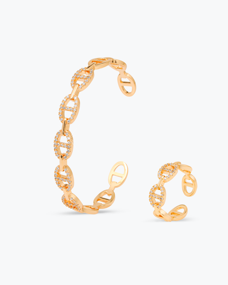 طقم ذهبي اسوارة وخاتم مرصع بالزركون بتصميم الأقفال الذهبية