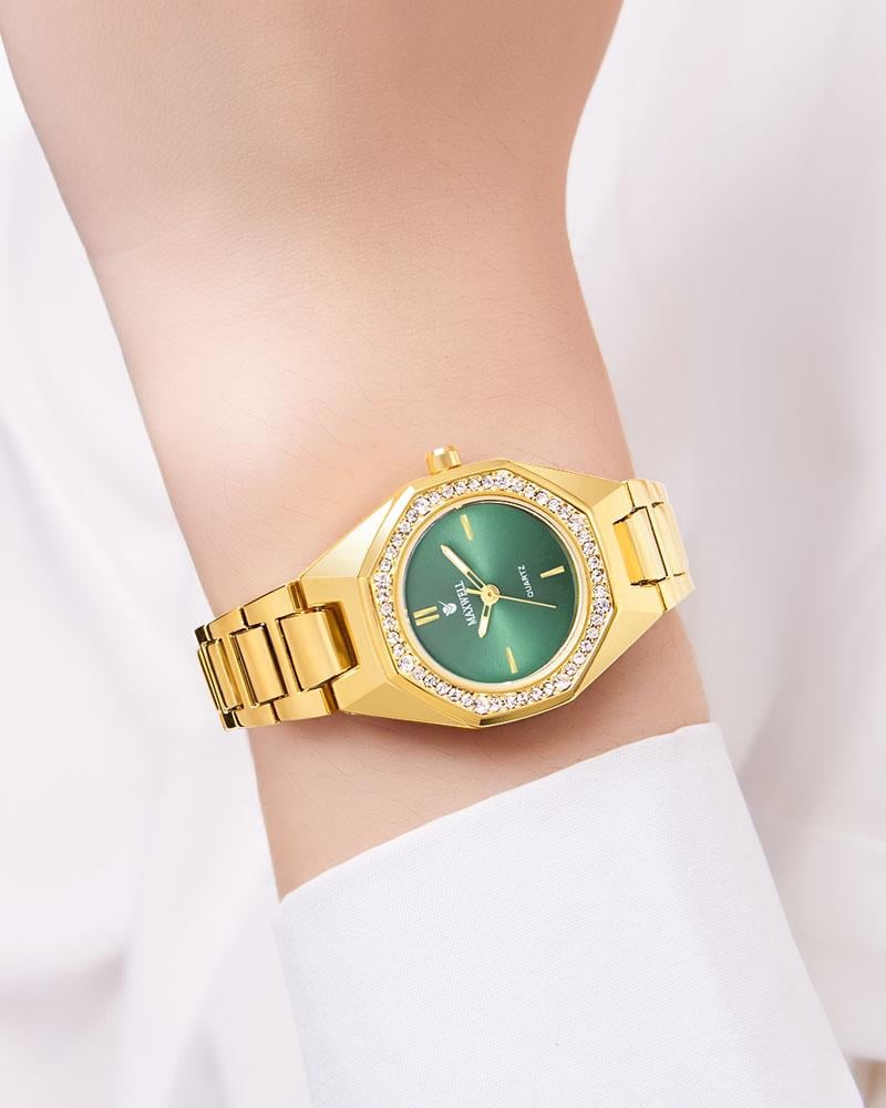 ساعة نسائية ذهبية مزينة بالزركون مينا أخضر