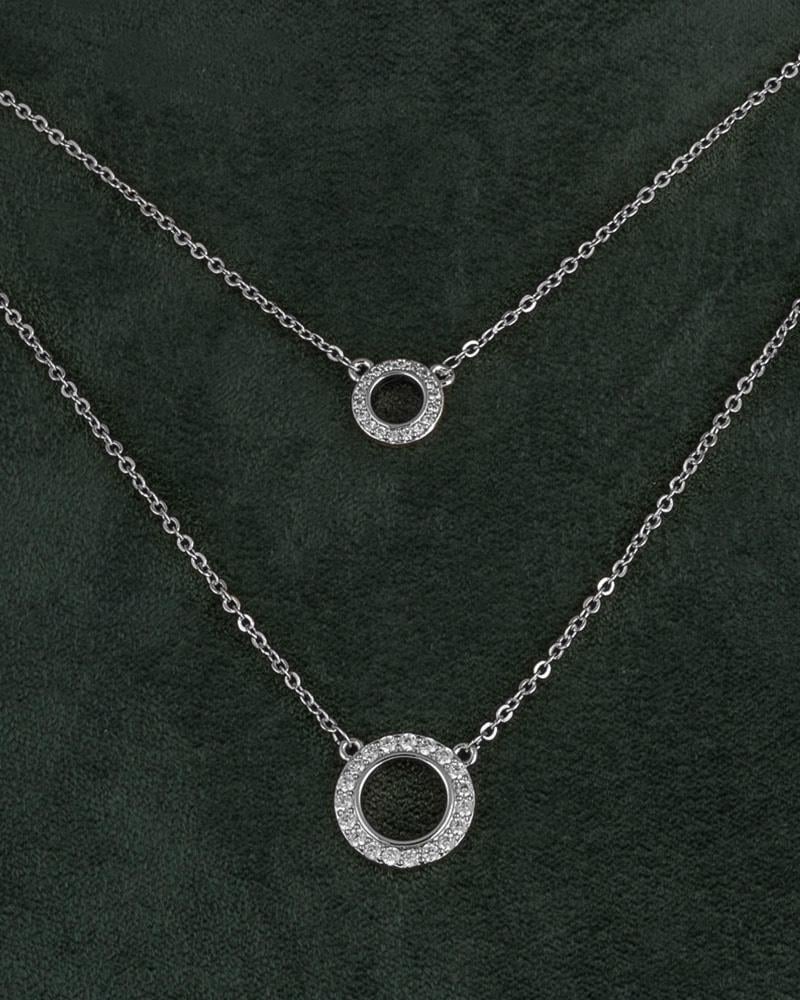 سلسال فضي زركون ناعم مزدوج بتعليقة دائرية مزخرفة