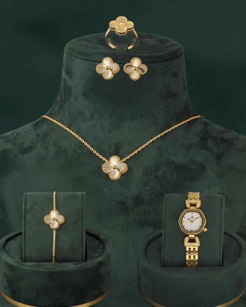 طقم وساعة بتصميم عالمي مركب لون ذهبي