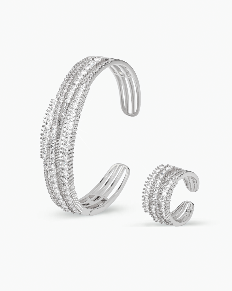 طقم فضي اسوارة مع خاتم فاخر بلمعة الألماس