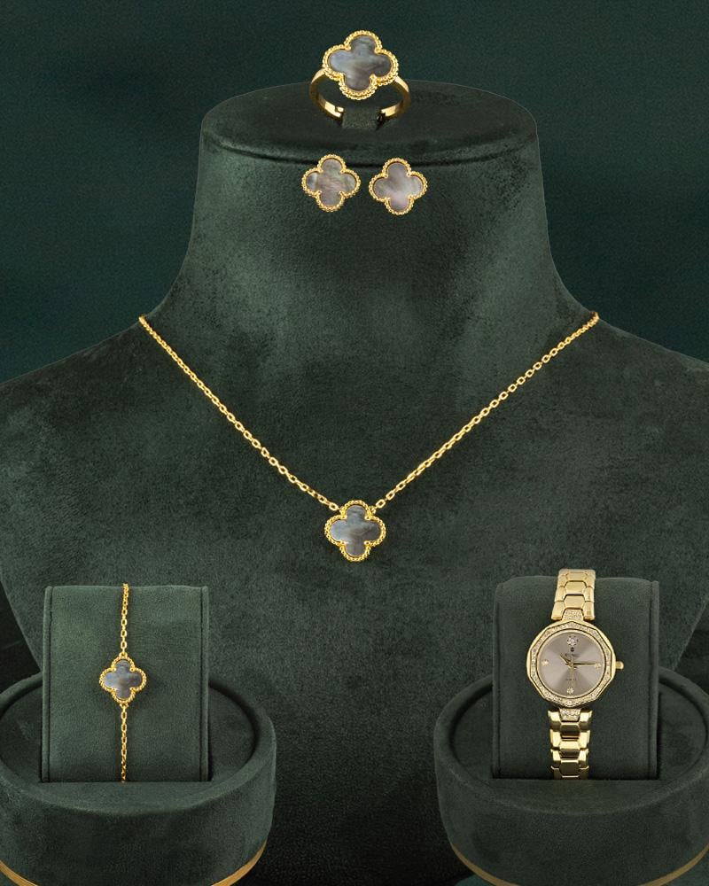 طقم مجوهرات بتصميم عالمي وردة رمادية مع ساعة ذهبية راقية