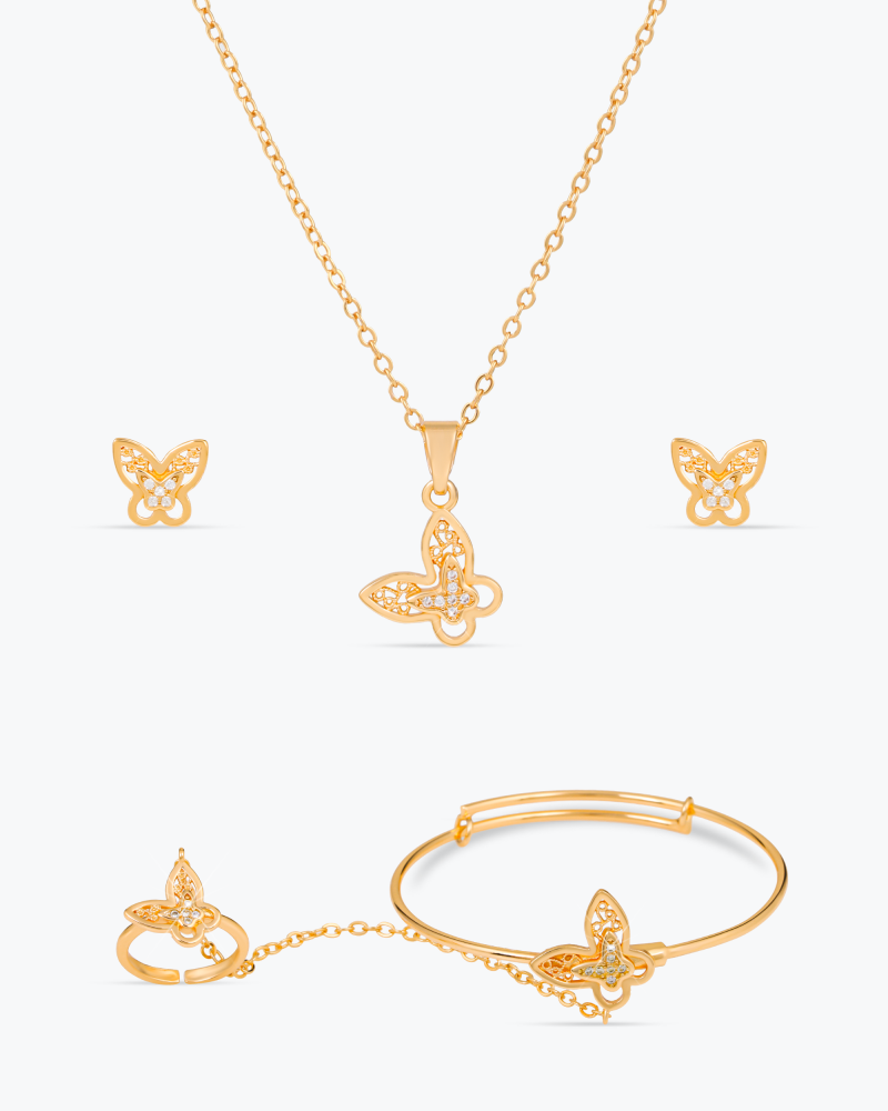 طقم اكسسوارات ذهبية للأطفال بتصميم الفراشة