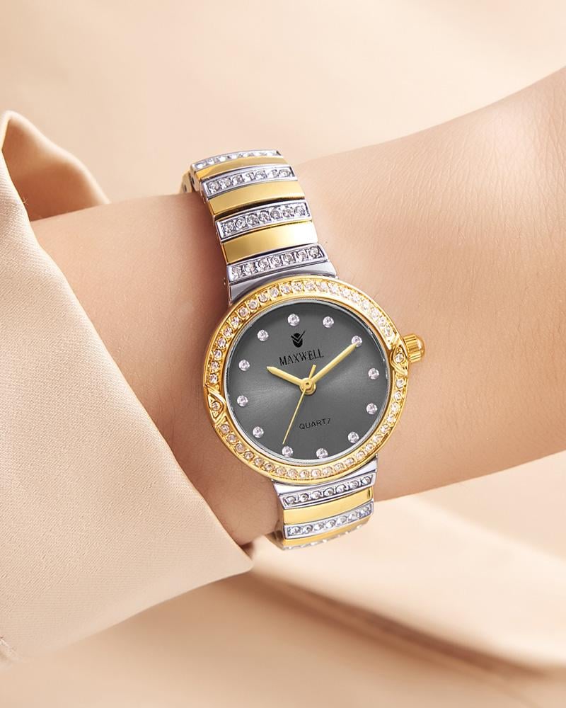 ساعة فخمة بإطار مزين بالزركون مينا رمادي