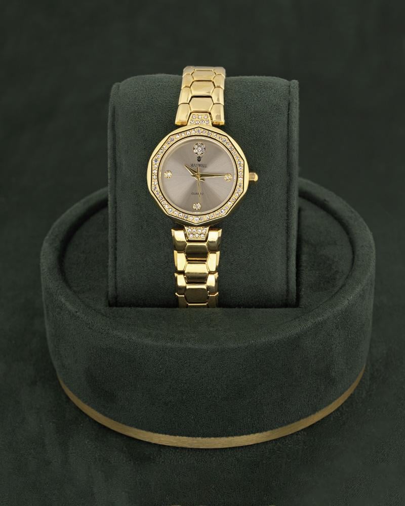 طقم مجوهرات بتصميم عالمي وردة رمادية مع ساعة ذهبية راقية