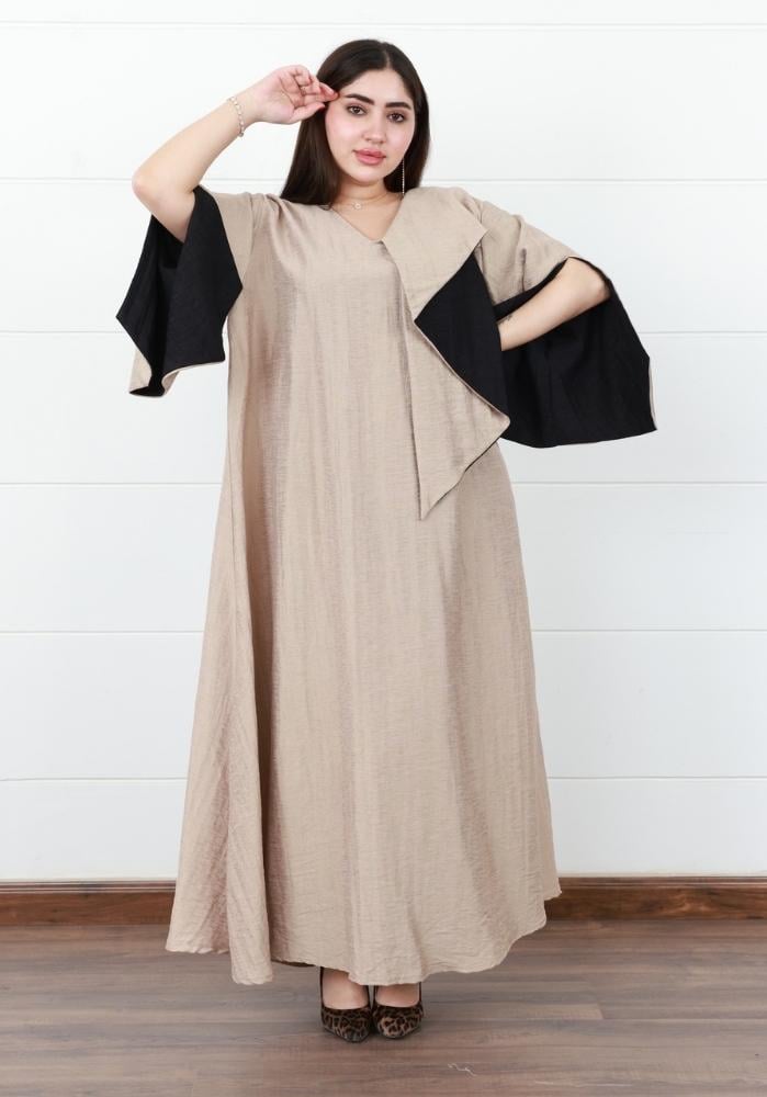 فستان صيفي سادة ناعم مع حزام للخصر لون بيج