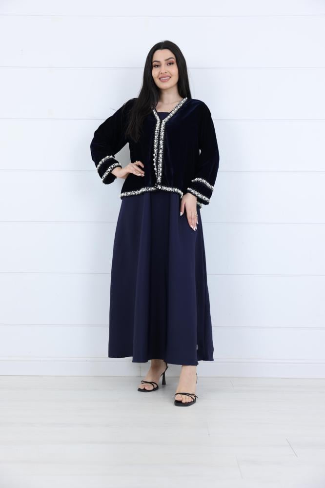 فستان كريب على مخمل بتطريز شك وفصوص لامع لون كحلي