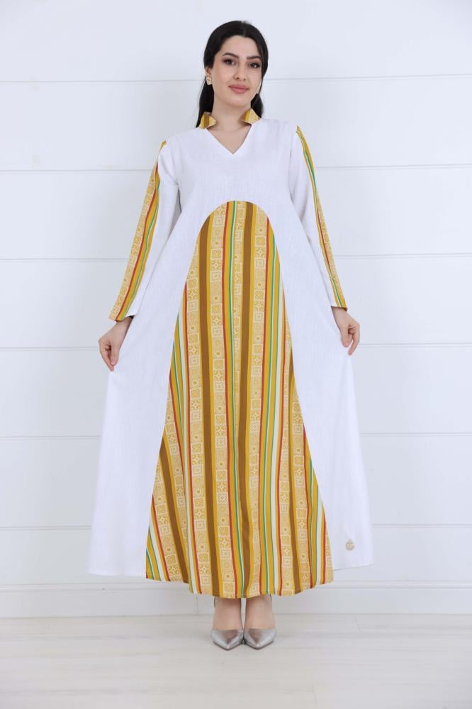 جلابية نسائية صيفي خامة لينن – تصميم ناعم بلون كموني وأبيض أنيق