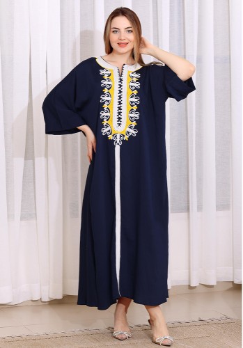 جلابية نسائي طويلة قطن مزين بزخرفة الورد اللون كحل...