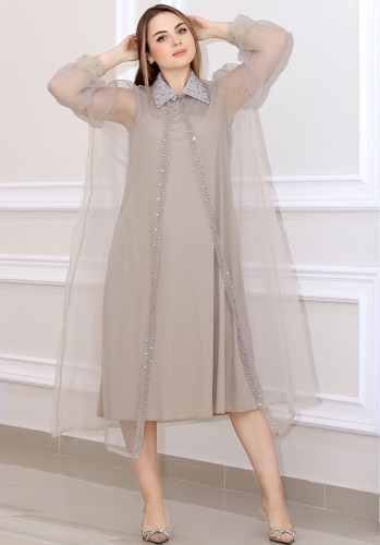 فستان جورسيه مع اورجنزا قطعتين مزين بفصوص شك يدوي على الياقة والصدر مع كوبون خصم ايس كيوب