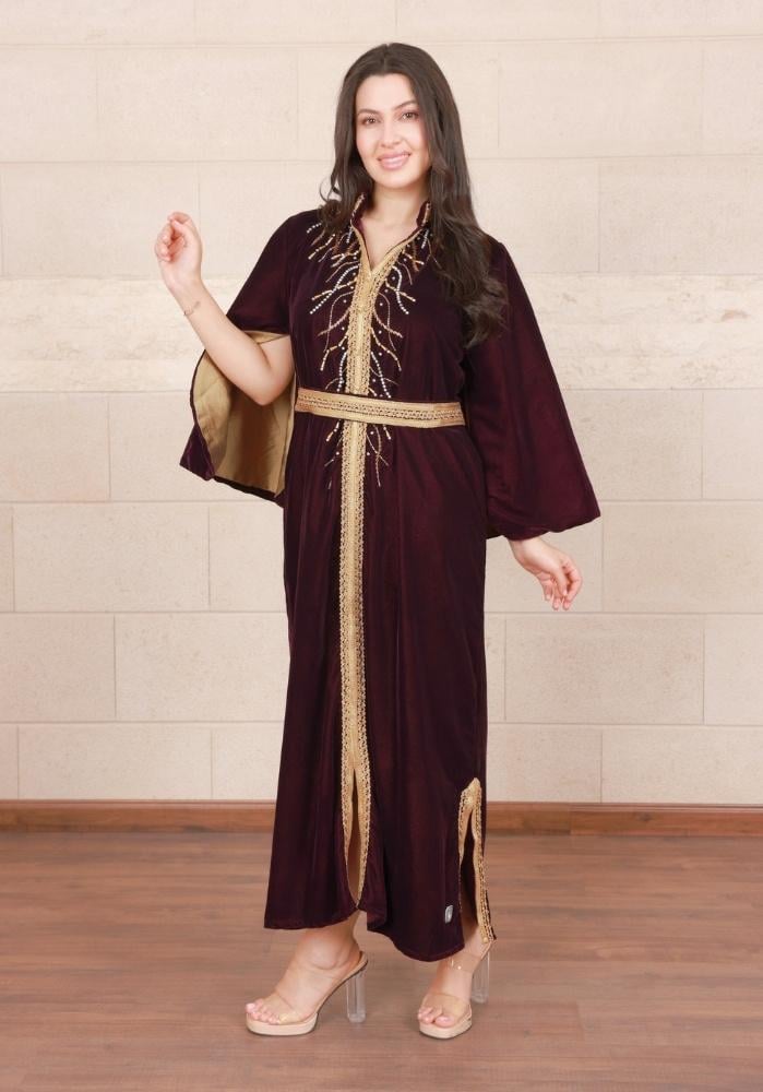 فستان نسائي شتوي مخمل باللونين العنابي والذهبي