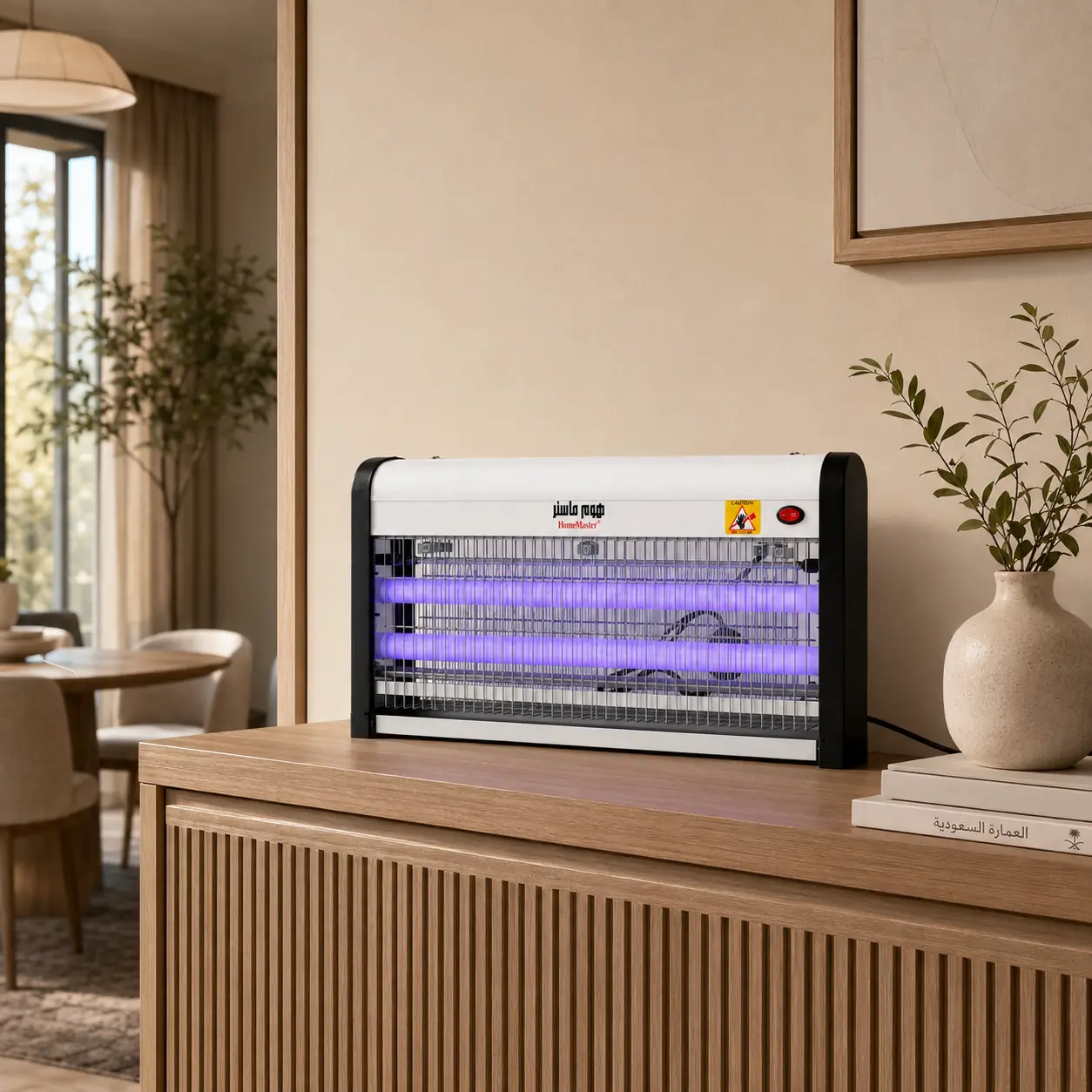 مصيدة حشرات هوم ماستر HM-300 موضوعة على سطح مستو داخل المنزل
