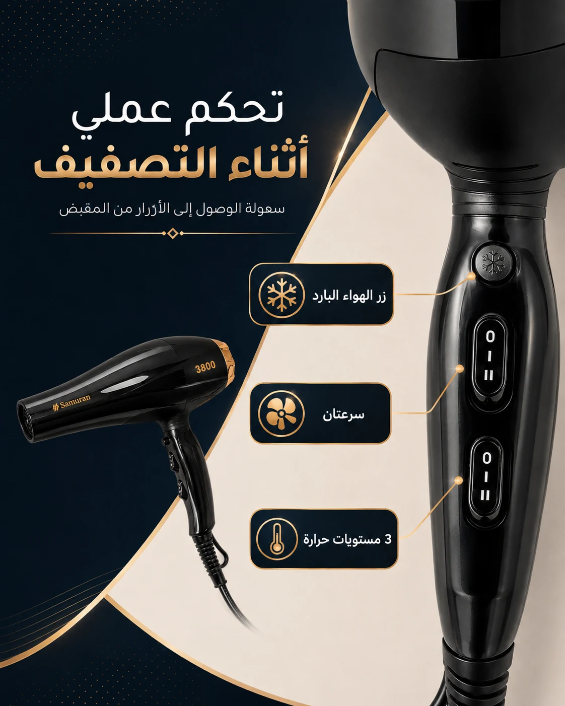 محتويات عبوة مجفف شعر ساموران SM-0007 مع فوهتين وسلك متصل بطول 1.8 متر