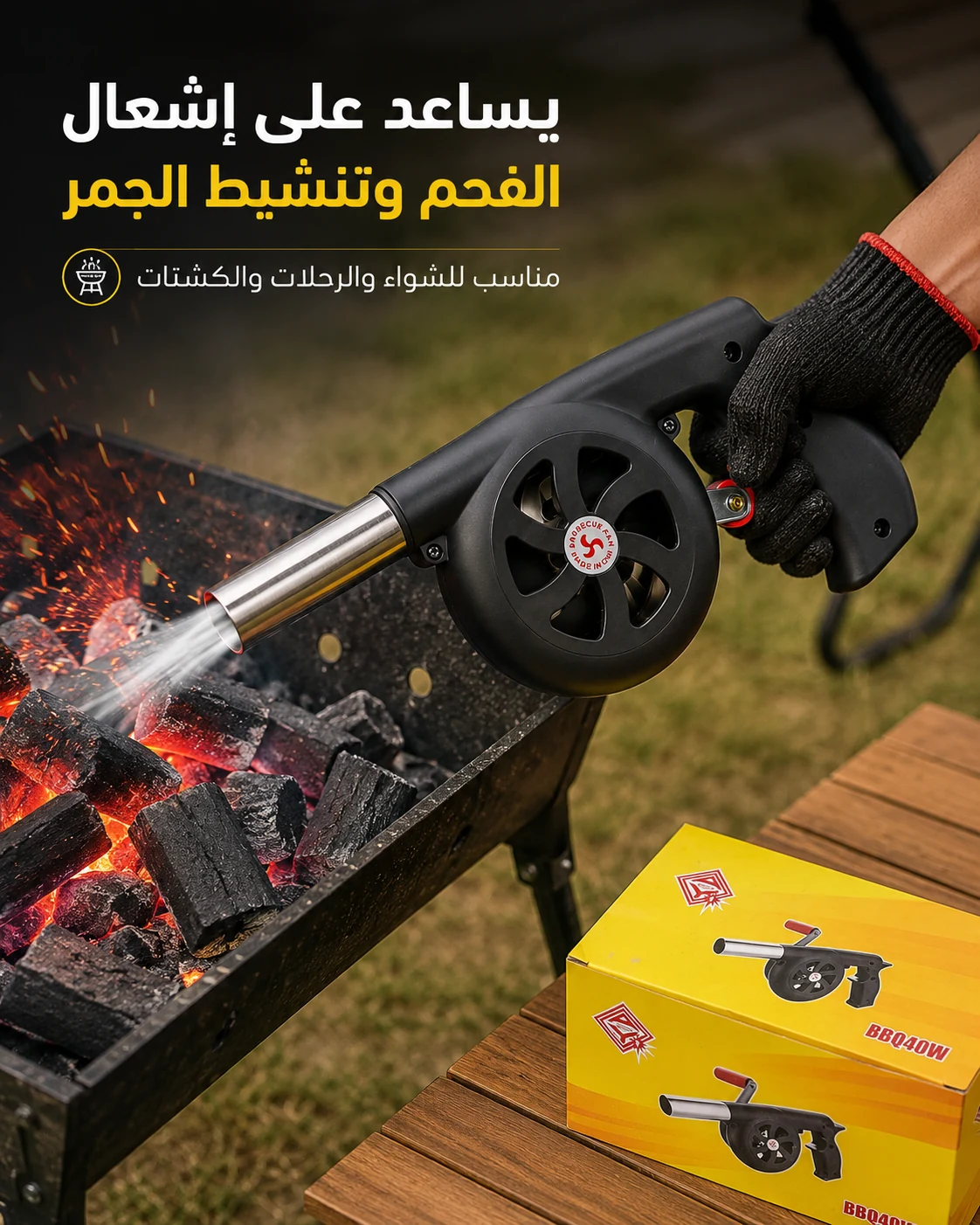 استخدام منفاخ الهواء اليدوي لتسريع إشعال الفحم أثناء الشواء