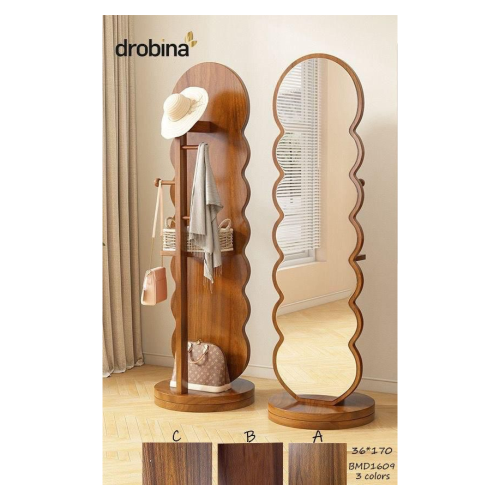 مرآة مموجة كاملة الطول قابلة للدوران مع شماعة ملابس ورف تخزين_ملون