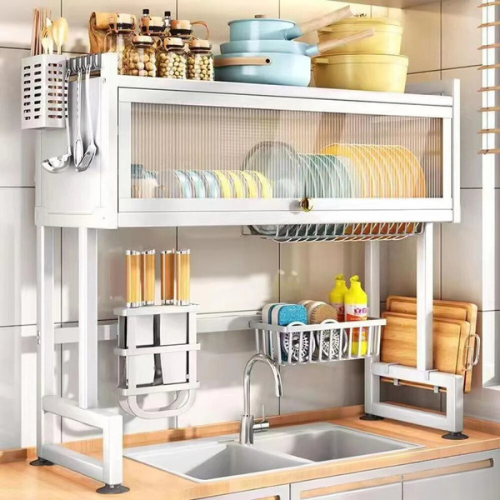 رف تجفيف الأطباق مصنوع من الفولاذ المقاوم للصدأ ورف تخزين