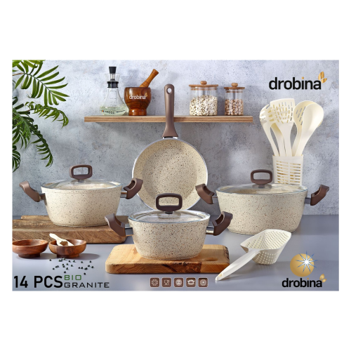 طقم قدور دروبينا 14 قطعة جرانيت تركي Cream