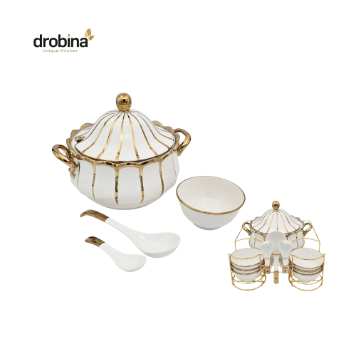 طقم زبادي شوربة بورسلين فضي 16 قطعة