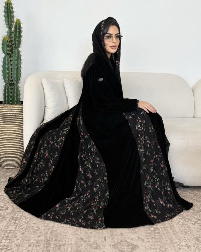 Z355 / قماش مخمل اسود مع تدخيلة كريب استرتش مشجر