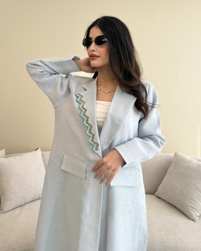 Z315 / قماش لينن سماوي قصه بليزر مبطنة كامل مع جيوب