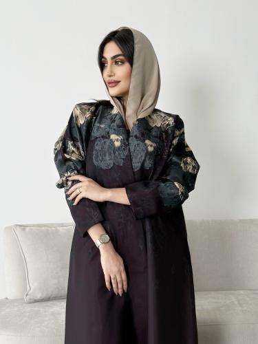 Z292 / قماش جاكار تركي موف غامق مشجر بيج ورصاصي