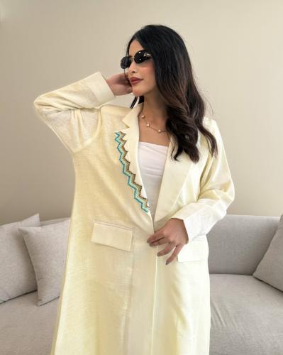 Z316 / قماش لينن اصفر فاتح قصه بليزر مبطنة كامل مع جيوب