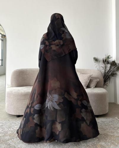 Z309 / قماش شيفون مشجر بني واسود وبطانة شيفون