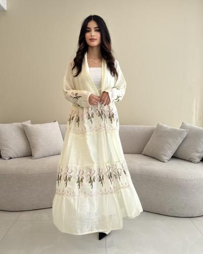 Z320 / قماش لينن لون بيبي اصفر وتطريز طبقات