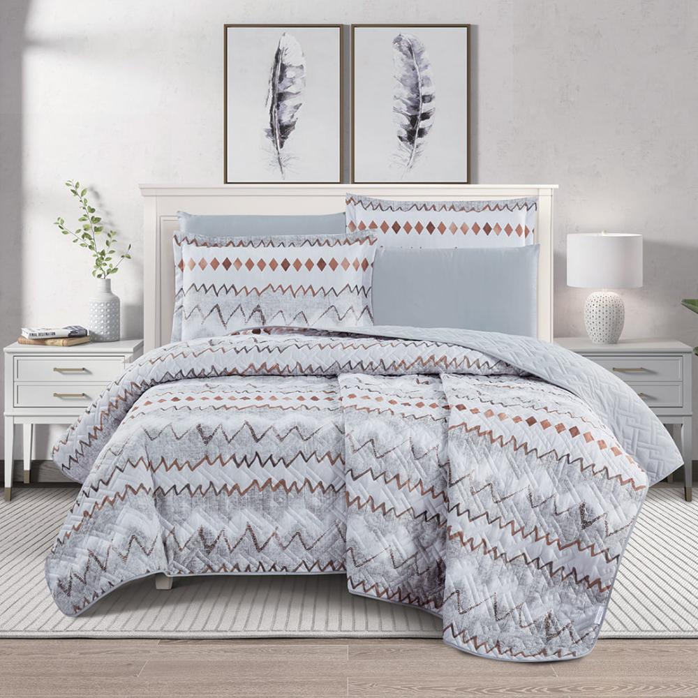 مفرش صيفي مزدوج حشوة مضغوطه 6 قطع - لونيا - رصاصي فاتح - رصاصي غامق