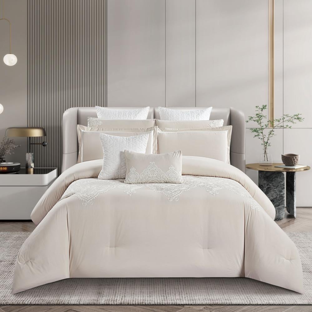 مفرش صيفي مزدوج مطرز فاخر 12 قطعة - فيوري - بيج فاتح