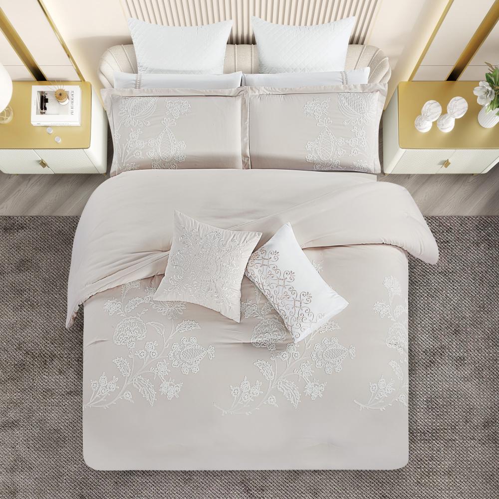 مفرش صيفي مزدوج مطرز فاخر 12 قطعة - ليوني - بيج فاتح