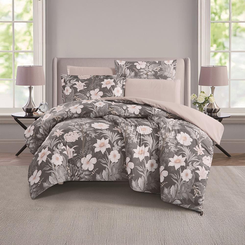 طقم بيت لحاف بدون حشوة مزدوج 6 قطع - امالينا - رمادي غامق - بيج فاتح