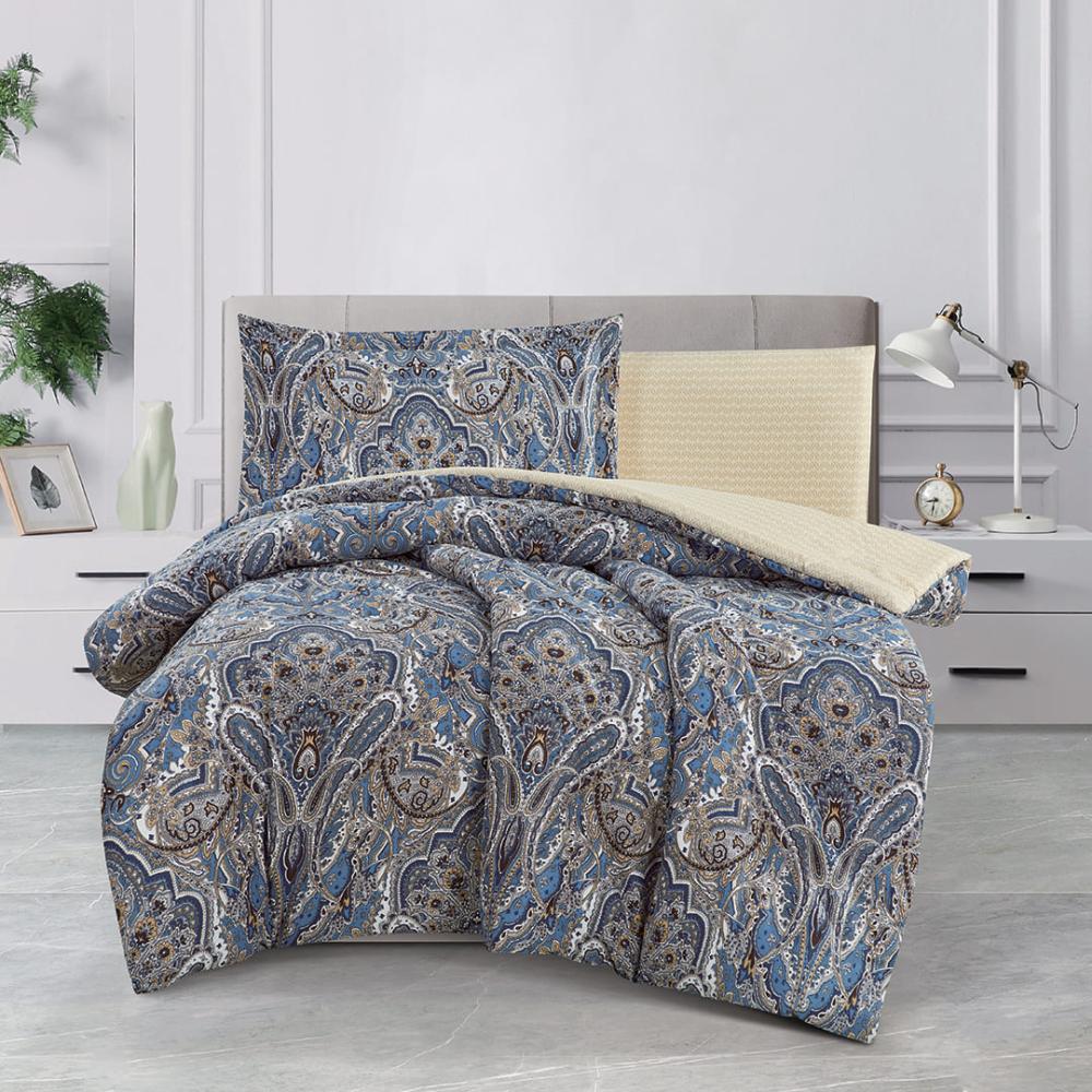 مفرش قطن صيفي مفرد ونص 4 قطع - فاليريا - ازرق غامق - اصفر